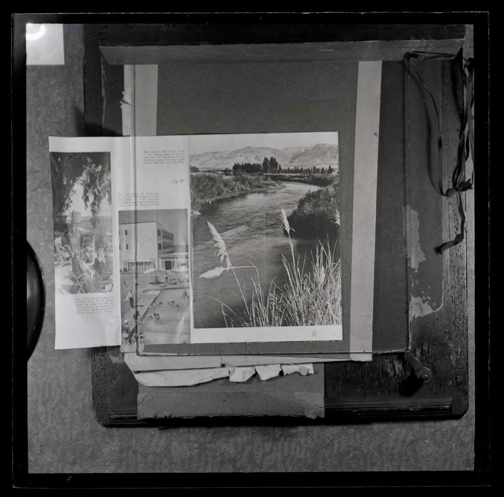DTA Lantern Slide Library. Slide taken from unidentified publication, showing the garden of the Galei Kinneret Hotel, a pool in Shavei Tzion, and the Jordan River, Israel.