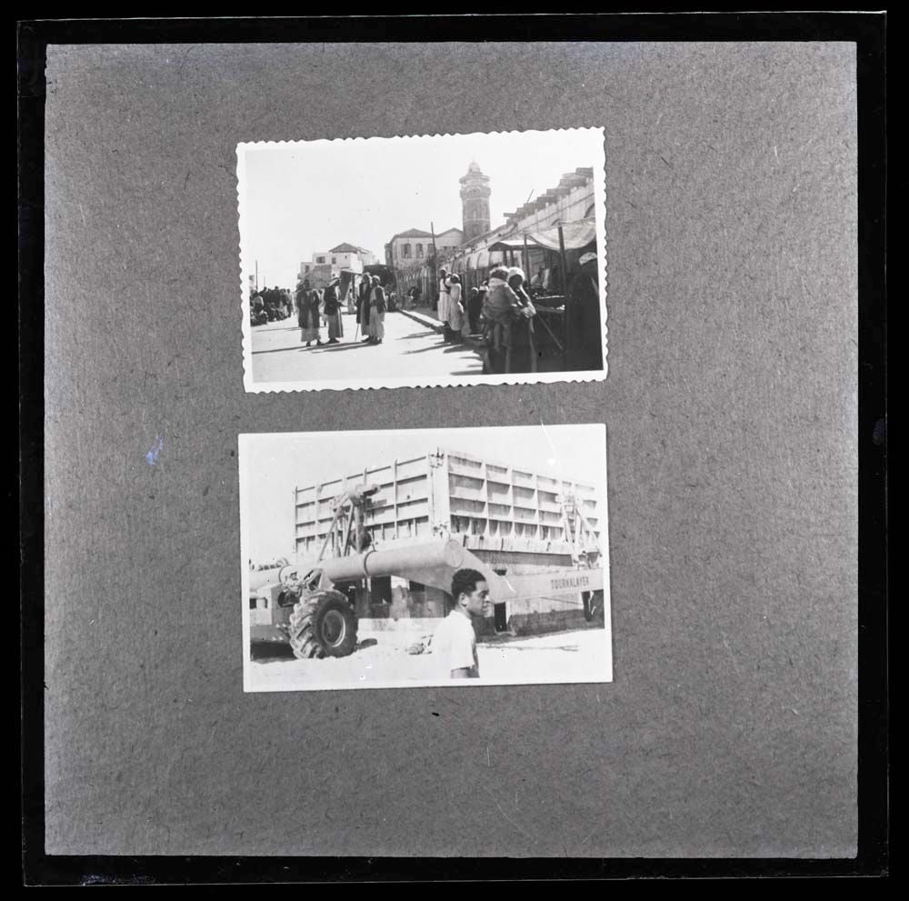 DTA Lantern Slide Library: Slide taken of two photographic prints, showing  (top)  the market at al-Majdal Asqalan, Israel and (bottom) R.G. LeTourneau's ‘Tournalayer’ machine for pouring concrete. 