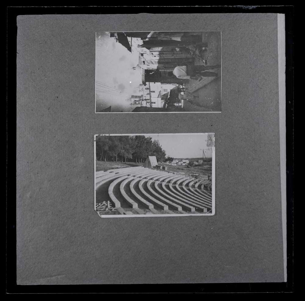 DTA Lantern Slide Library: Slide taken of two photographic prints, showing (top) the street behind the Greek Catholic Church of Nazareth, Israel built in 1887 and (bottom) an amphitheatre near a village.