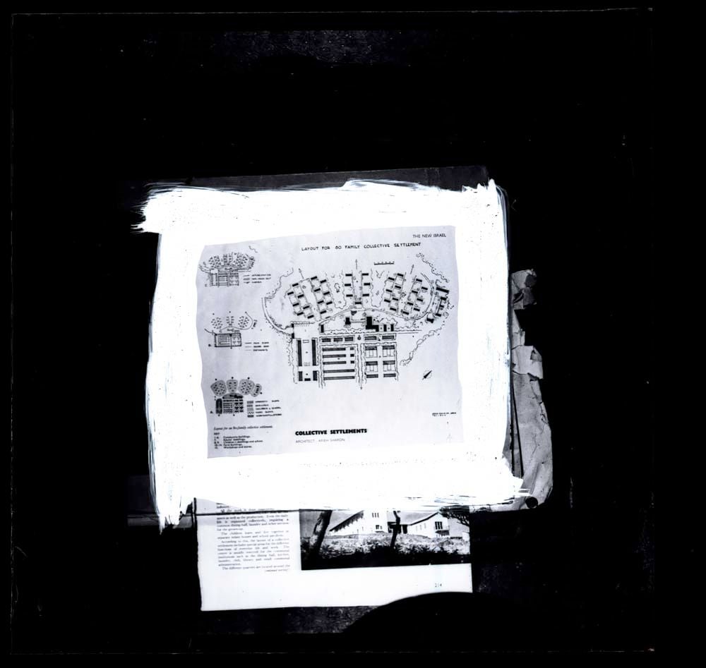 Slide taken from the article “Collective Settlements in Israel” in journal “The Town Planning Review” written by by architect Arieh Sharon and published in January 1955, showing a site plan in Negev, Israel, Alternative Layouts for a Kibbutz in the Negev.