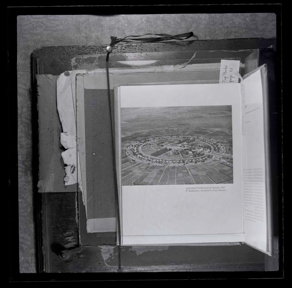DTA Lantern Slide Library. Slide taken from an unidentified publication, showing the “agricultural settlement of Nahalal”, Israel. 
