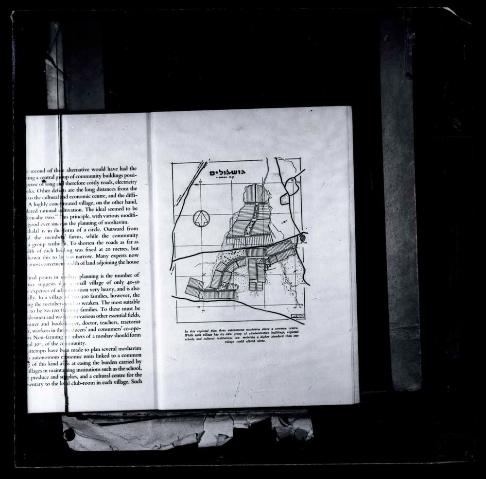 DTA Lantern Slide Library. Slide taken from unidentified publication, showing a regional plan of three moshavim (type of Israeli village) intersecting. 