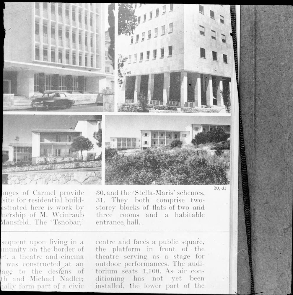 DTA Lantern Slide Library. Slide taken from an unidentified publication, showing photographs of buildings near Mount Carmel in Haifa, Israel.