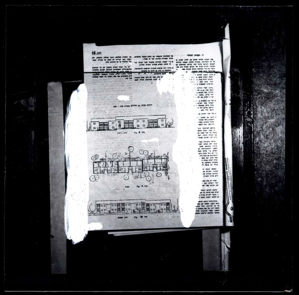 DTA Lantern Slide Library. Slide taken from an unidentified publication, showing a hand drawn elevations and floor plan of an example a residential building with “22-room apartments”, advocated by the Israeli Housing Department.