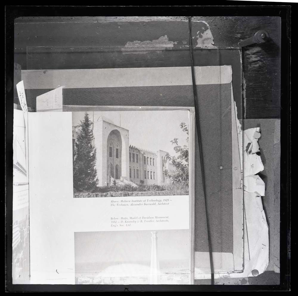 DTA Lantern Slide Library. Slide taken from an unidentified publication, showing a photograph of the Technion building, the Hebrew Institute of Technology in 1925. 