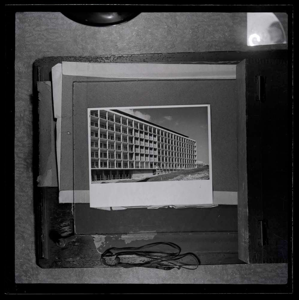 DTA Lantern Slide Library. Slide taken from an unidentified publication, showing a photograph of the north wing of the Gur Shasha Hospitalisation Building of the Beilinson Hospital complex (now known as the Rabin Medical Centre) in Petah Tikva, Israel. 