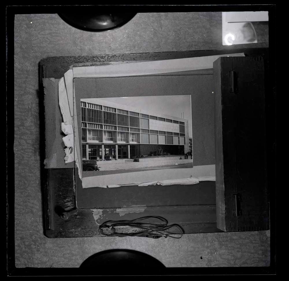 DTA Lantern Slide Library. Slide taken from an unidentified publication, showing a photograph of the main entrance of the Lessin House, a cultural centre in Tel, Aviv, Israel.