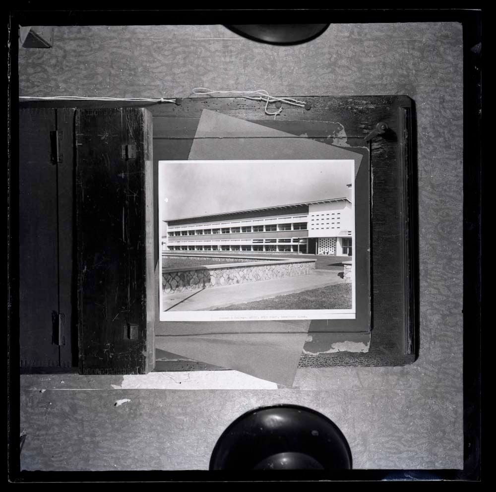 DTA Lantern Slide Library. Slide taken from an unidentified publication, showing a photograph of the dormitory block of the Aburi Girls' Senior High School and Presbyterian Women's College of Education (also known as School & College) in Aburi, Ghana. 