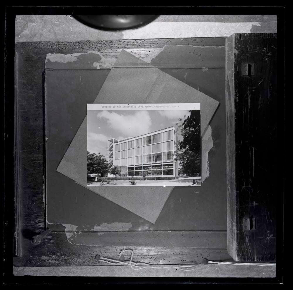 DTA Lantern Slide Library. Slide taken from an unidentified publication, showing a photograph of the Offices of the Industrial Development Corporation in Accra, Ghana.