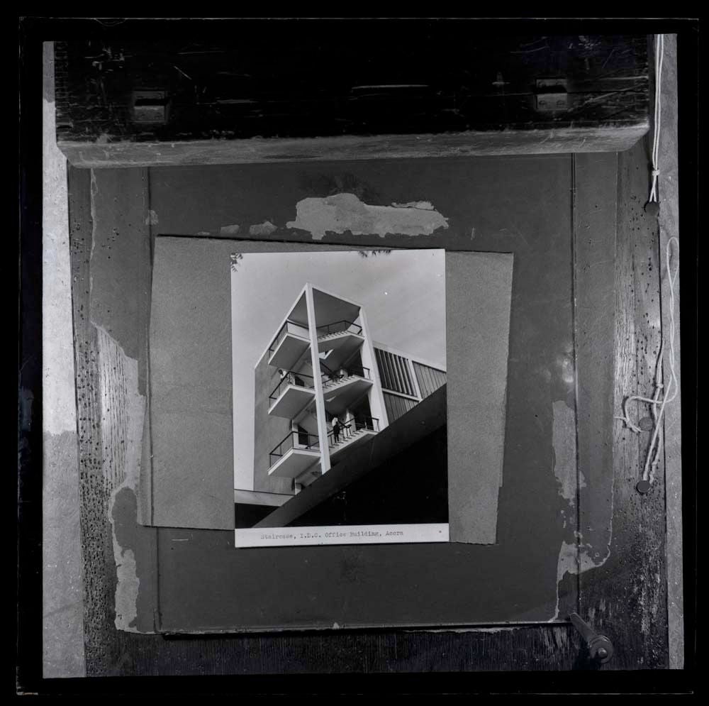 DTA Lantern Slide Library. Slide taken from an unidentified publication, showing a photograph of the staircase of the IDC office building (Offices of the Industrial Development Corporation) in Accra, Ghana.