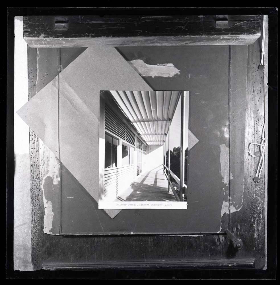 DTA Lantern Slide Library. Slide taken from an unidentified publication, showing a photograph of the balcony detail of the Einhorn Bungalow in Accra, Ghana, the balcony detail of the Einhorn Bungalow in Accra, Ghana, by James Cubitt & Partners. 