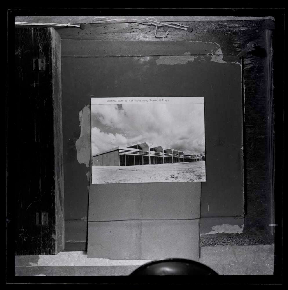 DTA Lantern Slide Library. Slide taken from an unidentified publication, showing a photograph of the workshop block of the School of Engineering at the College of Technology in Kumasi, Ghana.
