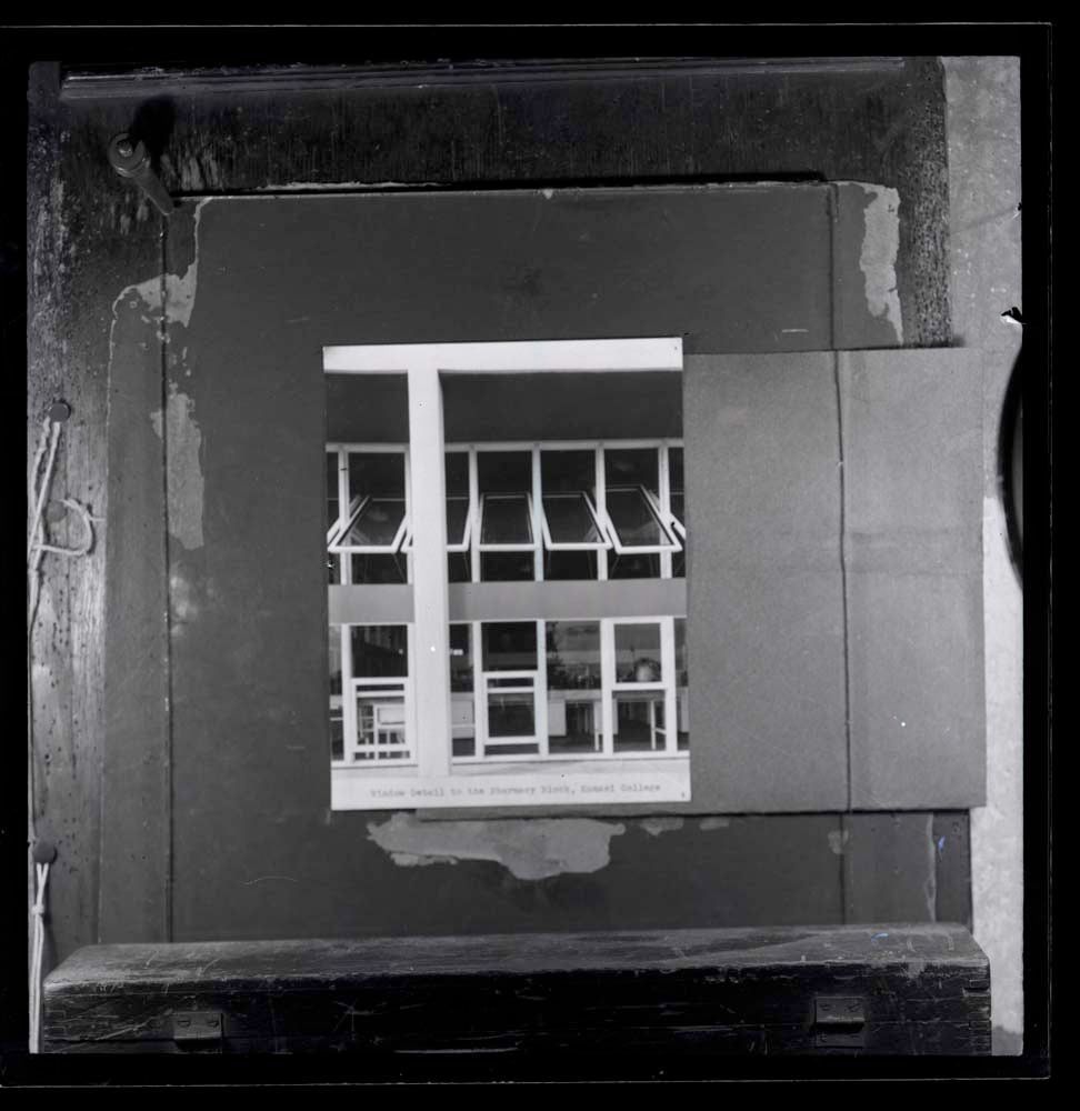 DTA Lantern Slide Library. Slide taken from an unidentified publication, showing a photograph of the window detail of the pharmacy block at the College of Technology in Kumasi, Ghana.