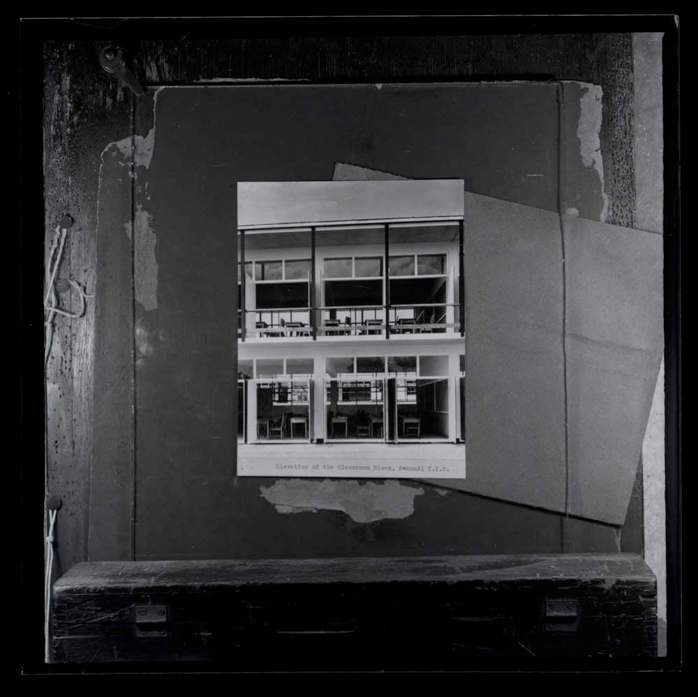 DTA Lantern Slide Library. Slide taken from an unidentified publication, showing a photograph of the elevation of the classroom block of Fijai Senior High School in Sekondi-Takoradi, Ghana.