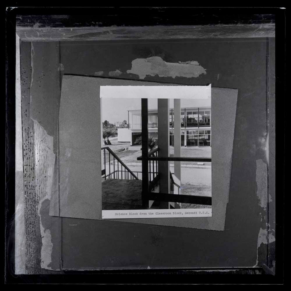 DTA Lantern Slide Library. Slide taken from an unidentified publication, showing a photograph of the science block of Fijai Senior High School in Sekondi-Takoradi, Ghana.