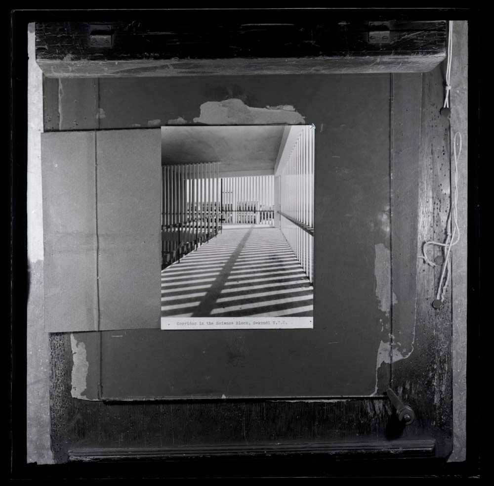 DTA Lantern Slide Library. Slide taken from an unidentified publication, showing a photograph of the corridor of the science block of Fijai Senior High School in Sekondi-Takoradi, Ghana. 