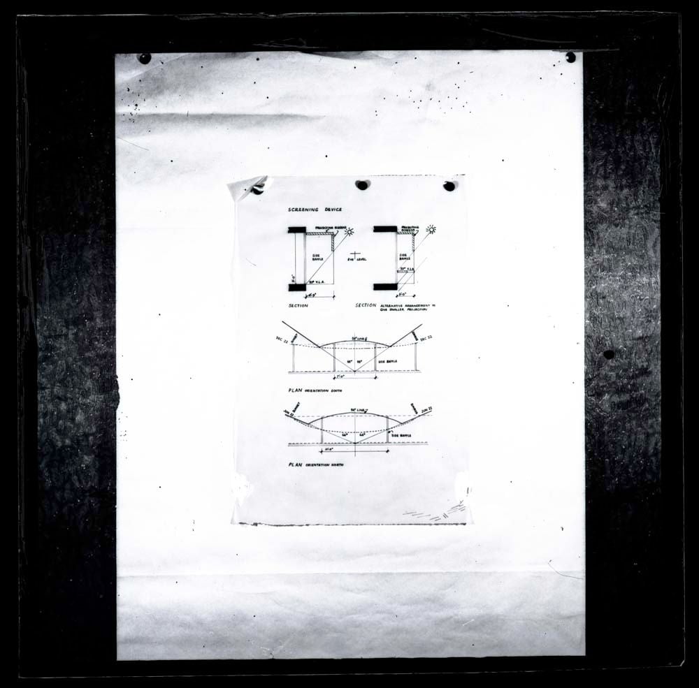 DTA Lantern Slide Library. Slide taken from an unidentified publication, showing a photograph of hand drawn plans and a section of a screening device.