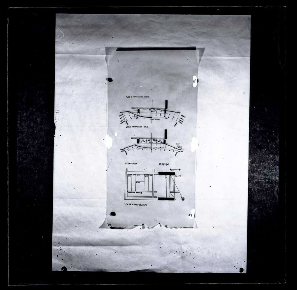 DTA Lantern Slide Library. Slide taken from an unidentified publication, showing a photograph of hand drawn plans, elevation and a section of a screening device.