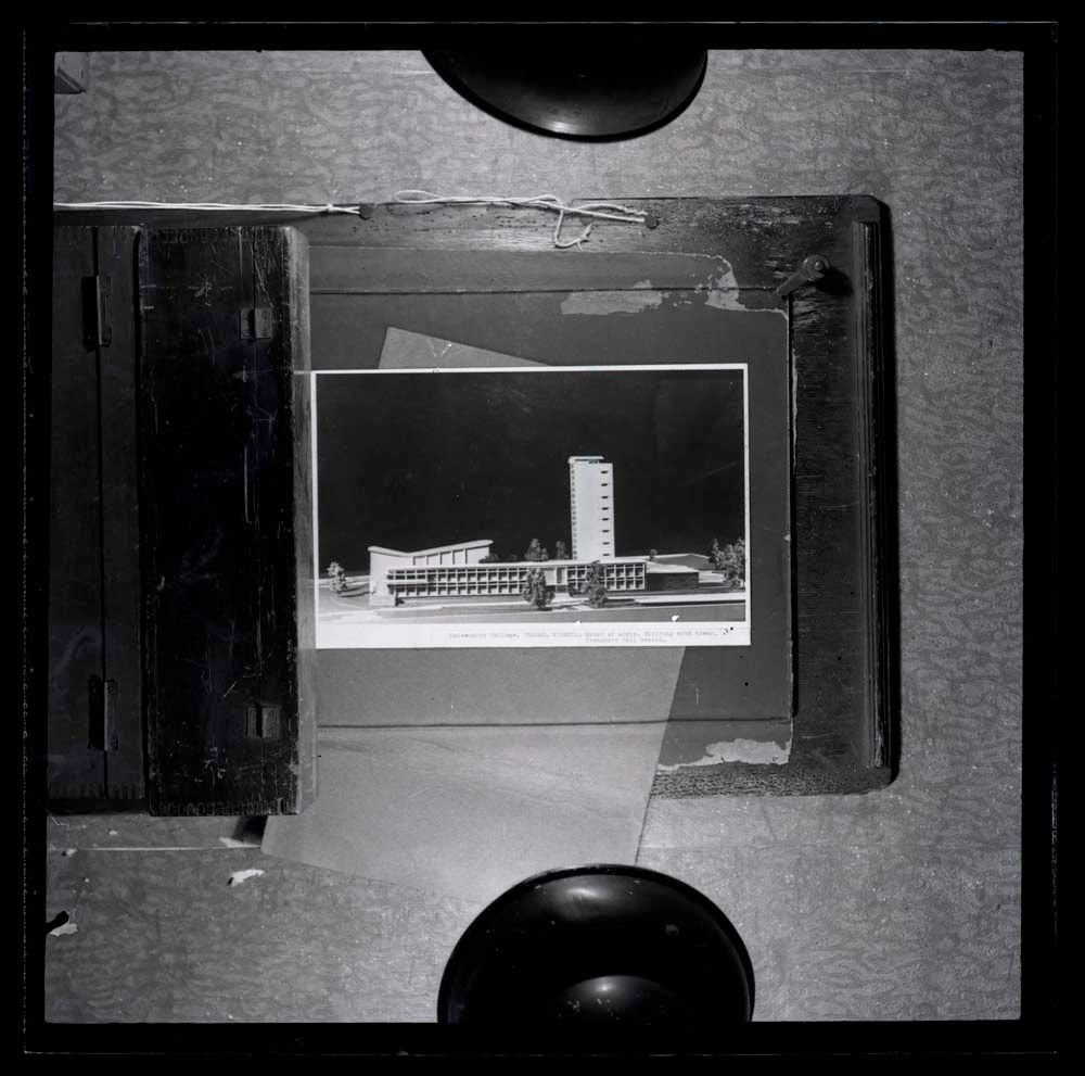 DTA Lantern Slide Library. Slide taken from an unidentified publication, showing a photograph of the architectural model of the administration and assembly halls (Tranchard Hall) of the University College in Ibadan, Nigeria.
