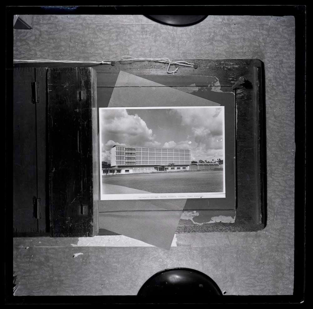 DTA Lantern Slide Library. Slide taken from an unidentified publication, showing a photograph  of the front elevation of the Kenneth Dike Library of University College in Ibadan, Nigeria. 