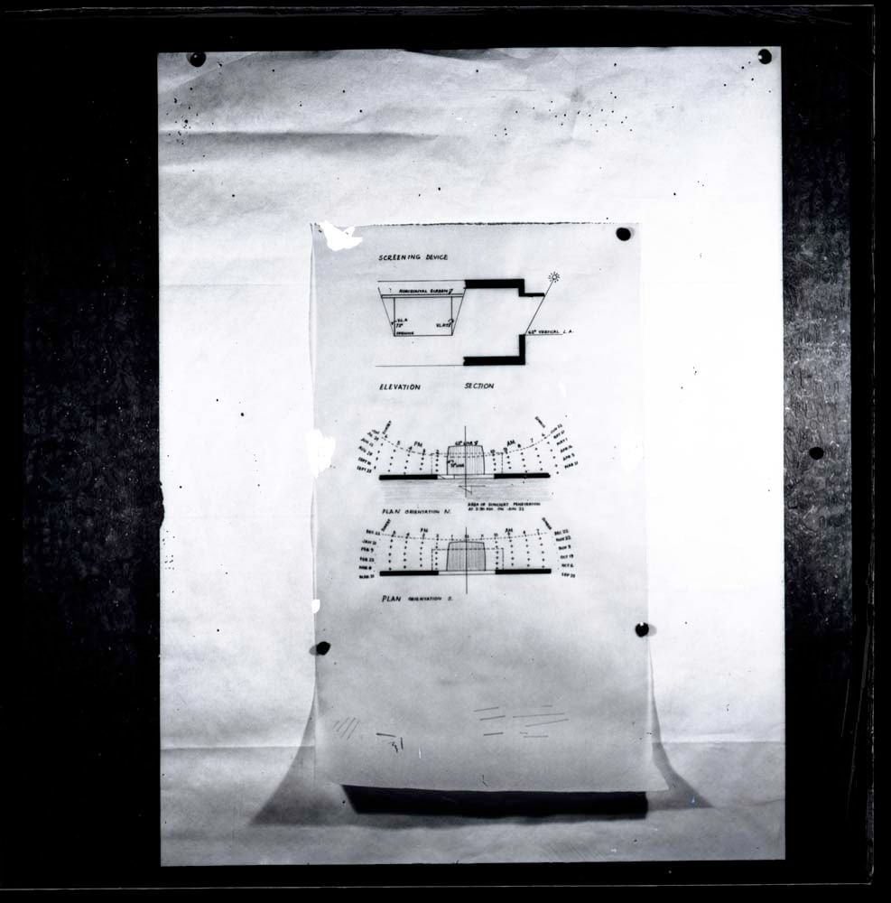 DTA Lantern Slide Library. Slide taken from an unidentified publication, showing a photograph of hand drawn plans, elevation and a section of a screening device. 