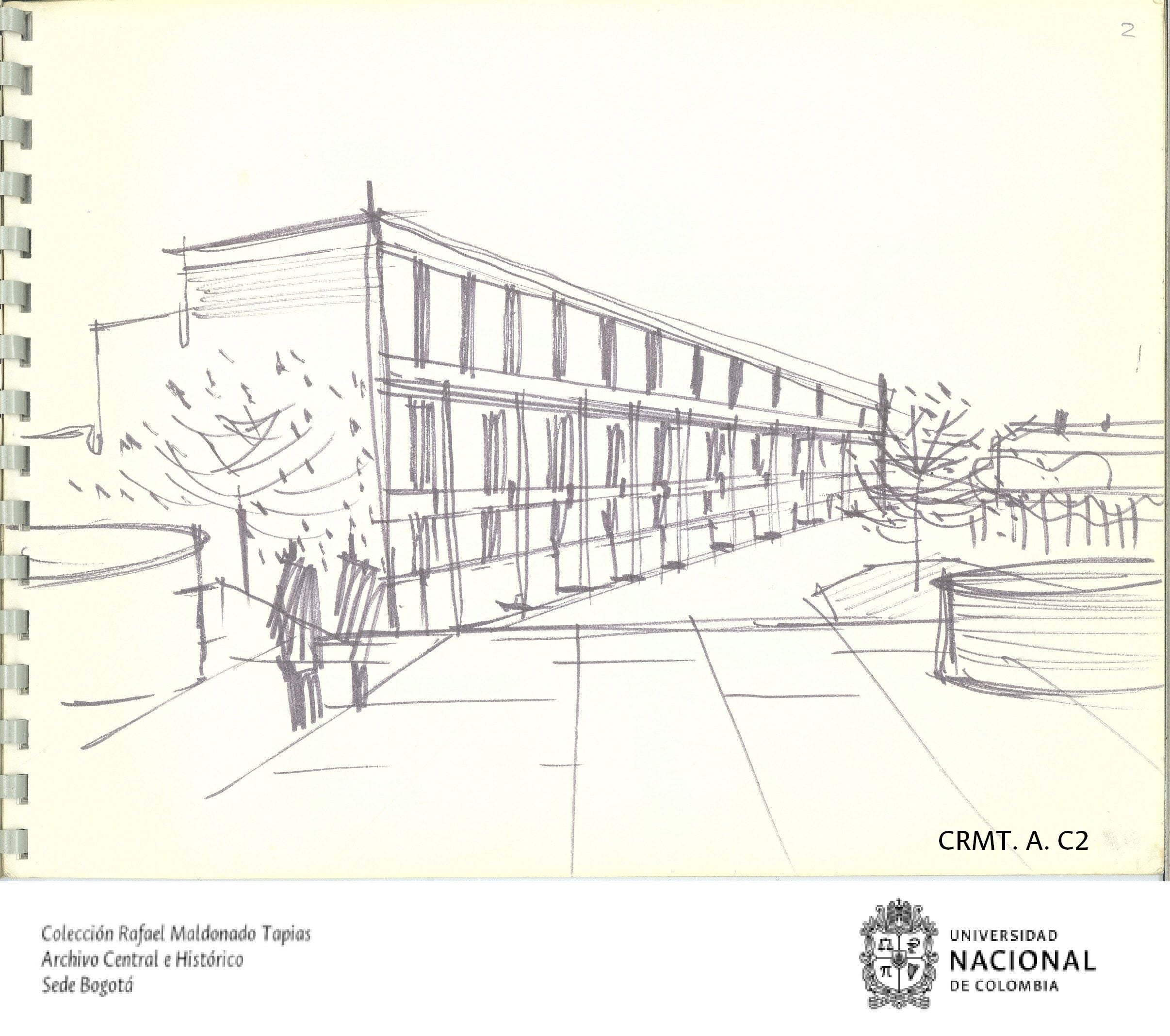 Rafael Maldonado Tapias, Perspective sketch, from notebook entitled 'Architecture Travel Notes'. Historical Archive of the National University of Colombia