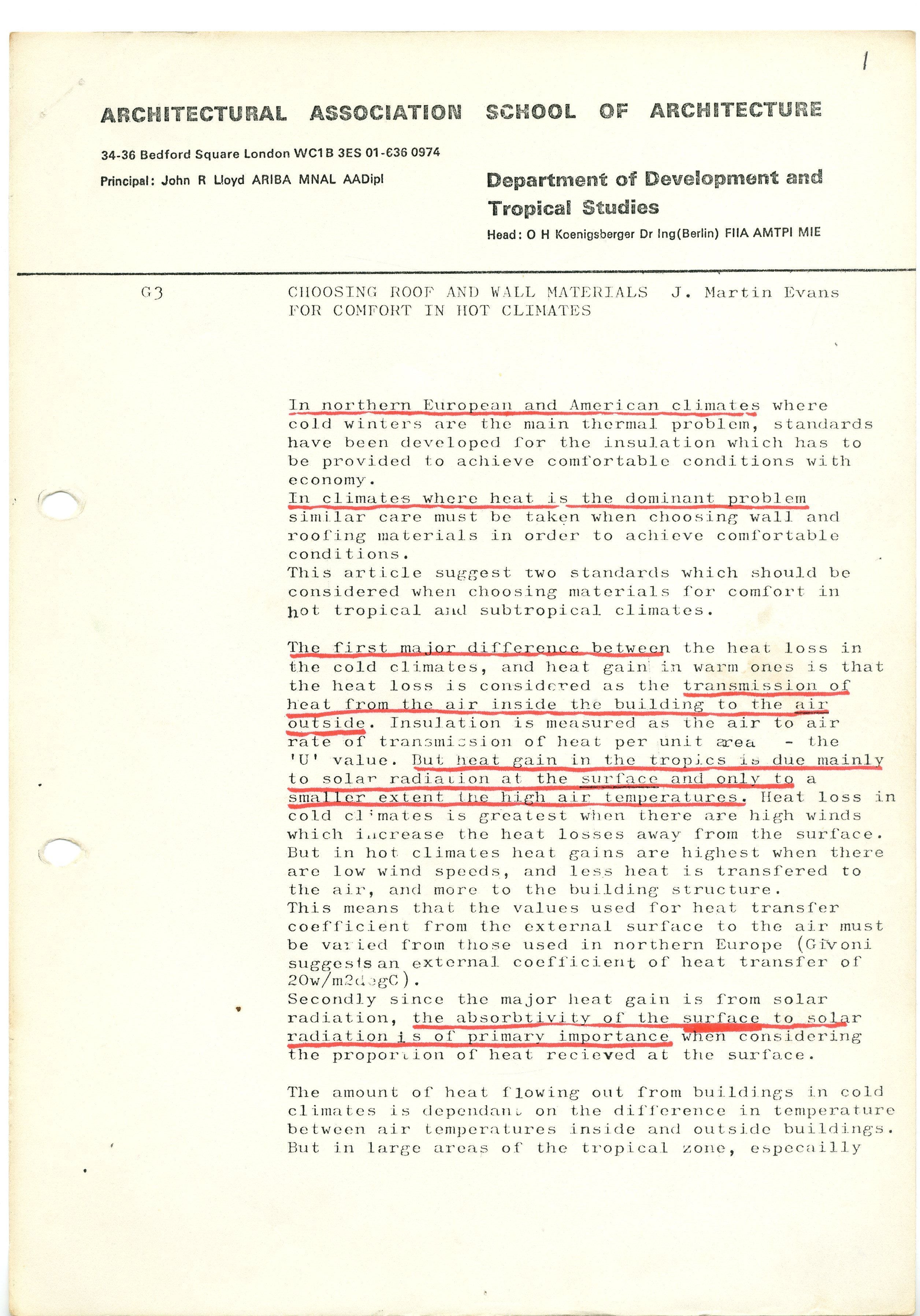 A document from the Architectural Association School, Department of Development and Tropical Studies, with highlighted text.