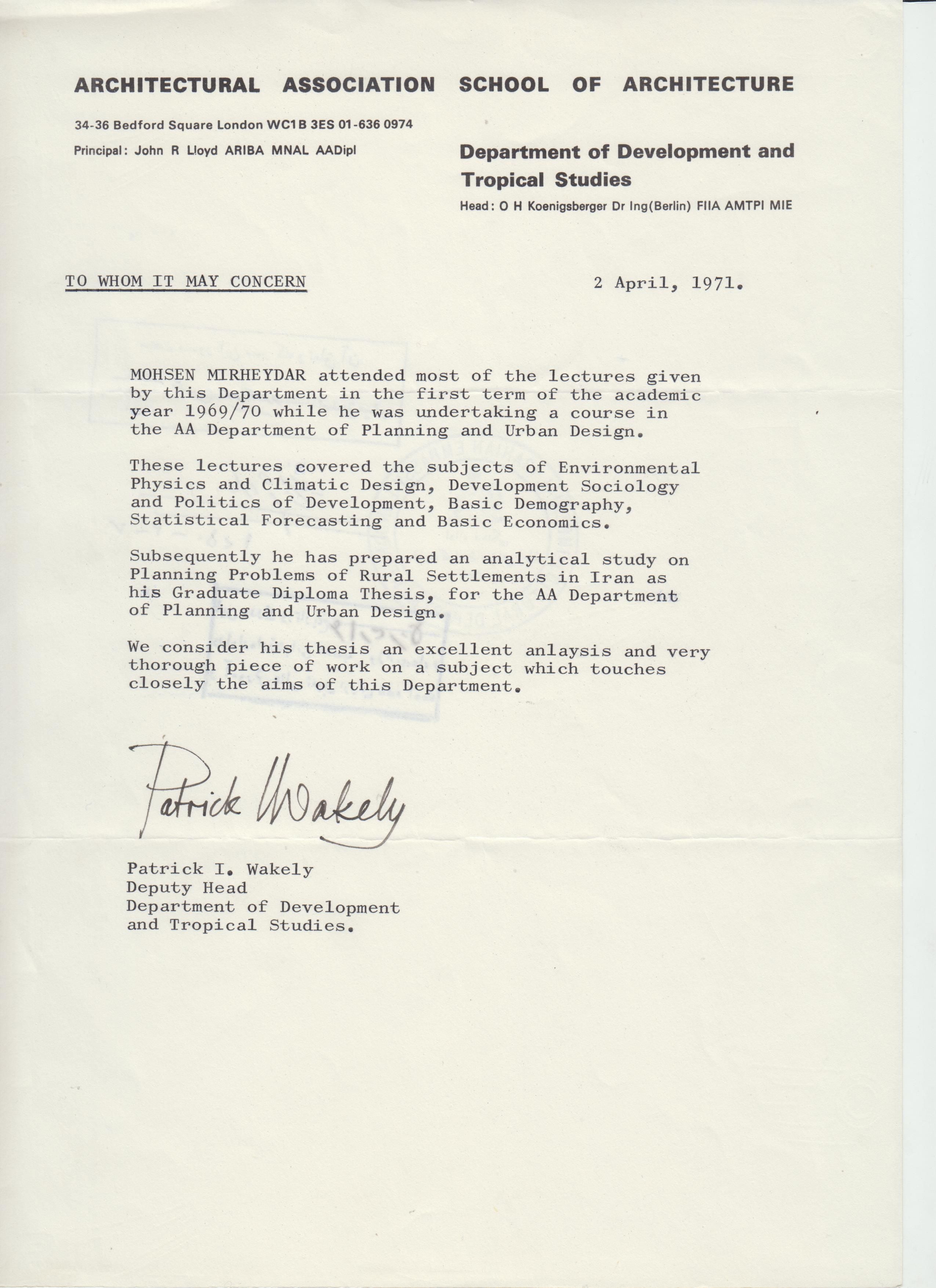 Letter of Recommendation for Mohsen Mirheydar, by Patrick Wakely, 2nd April, 1971