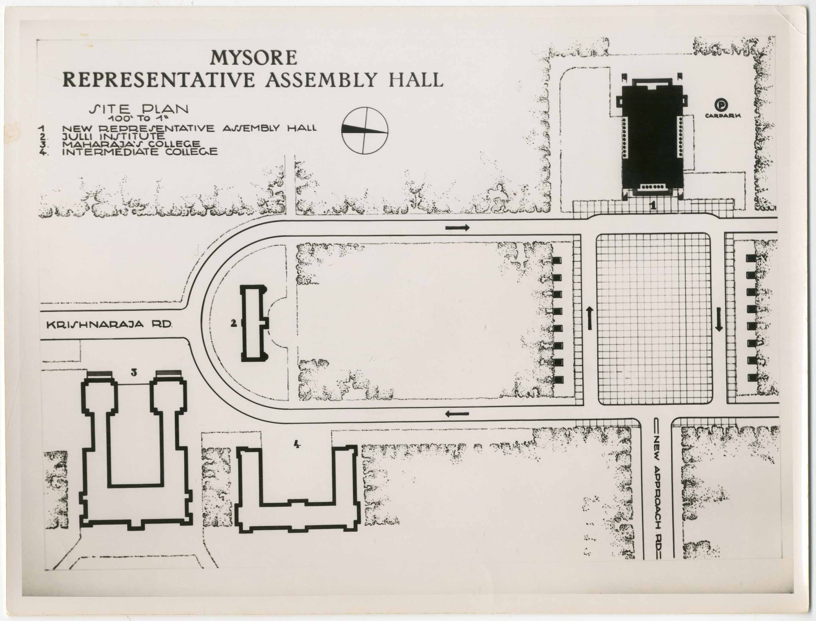 Otto Koenigsberger. Mysore Representative Assembly Hall proposal, c1940s. Site plan. Credit: AA Archives: OK4