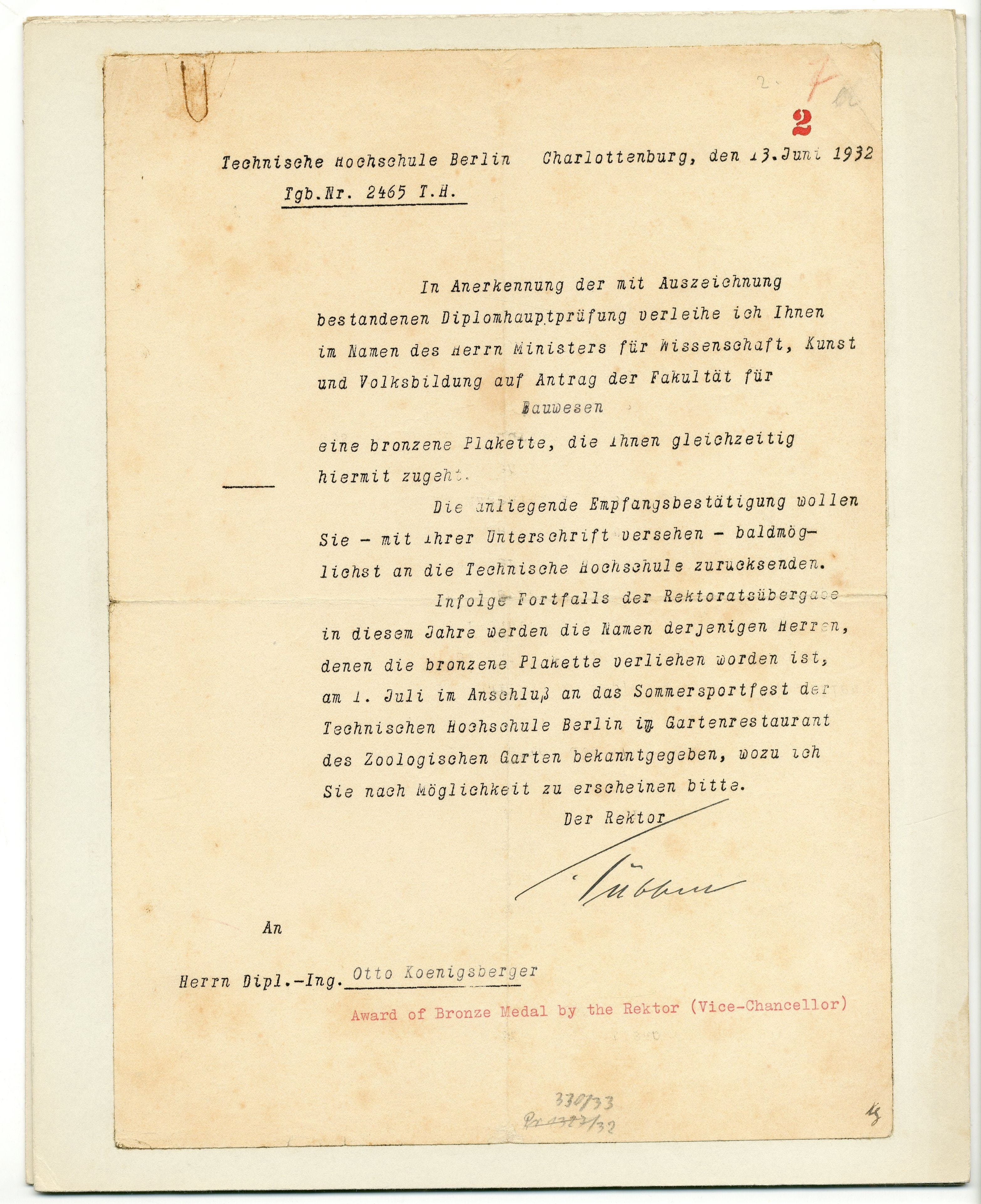 Otto Koenigsberger.  Album detailing Otto Koenigberger's career, 1932-c1950: Award of Bronze Medal from the Technische Hochschule Berlin, 1932. Credit: AA Archives: OK5