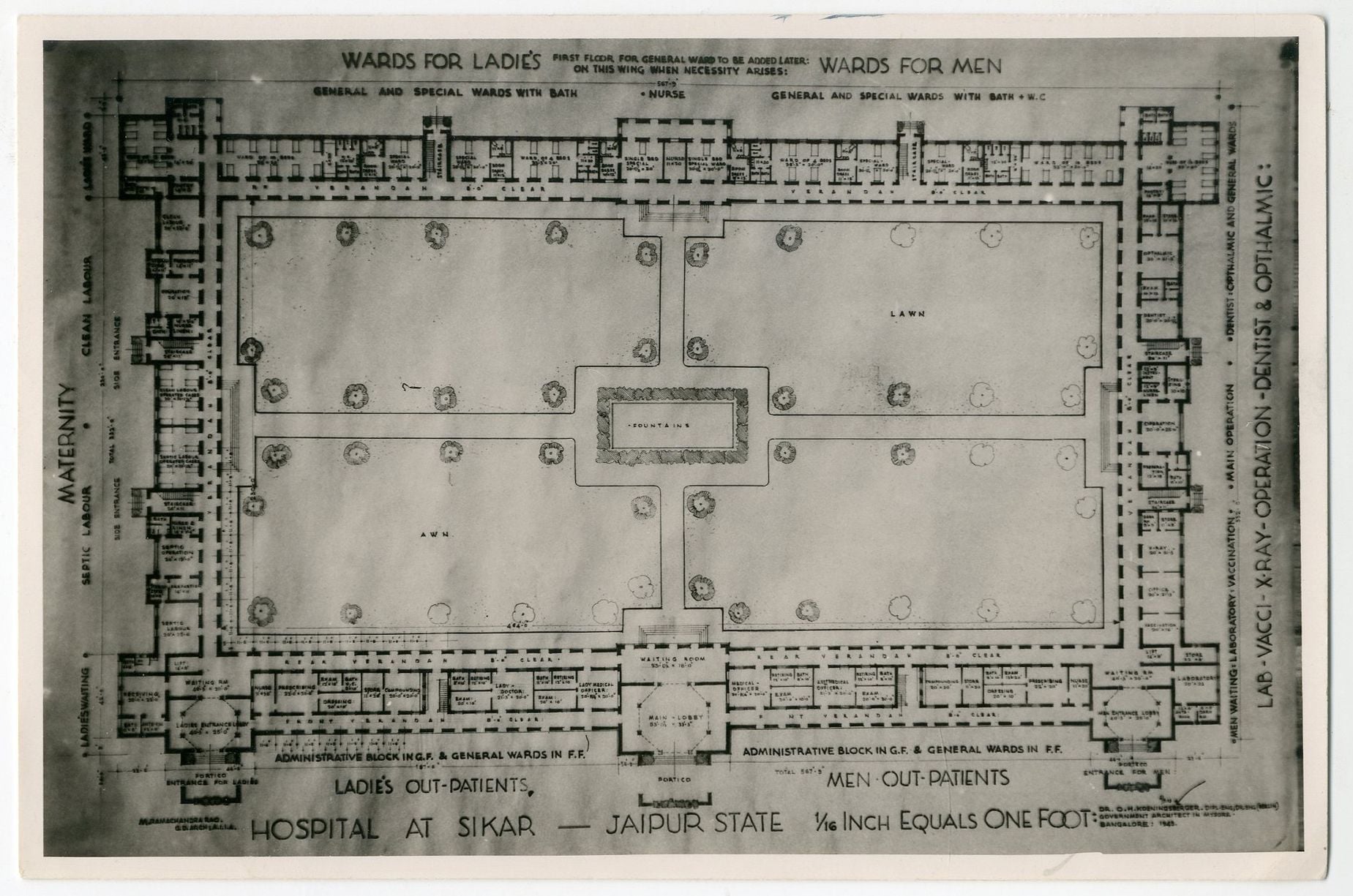 Otto Koenigsberger, Ground floor plan, Sakir Hospital, Jaipur State, 1943. Credit: AA Archives: OK7