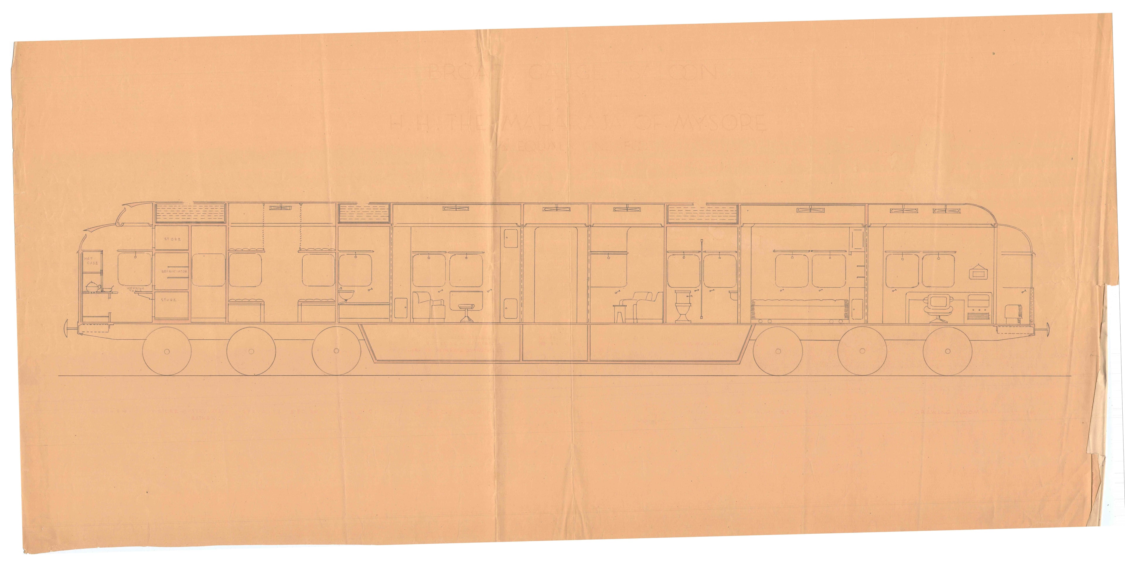 Otto Koenigsberger. Design for a train saloon carriage for Maharaja of Mysore, Jayachamarajendra Wodeyar Bahadur, c1942. Section. Credit: AA Archives; 2012:P148