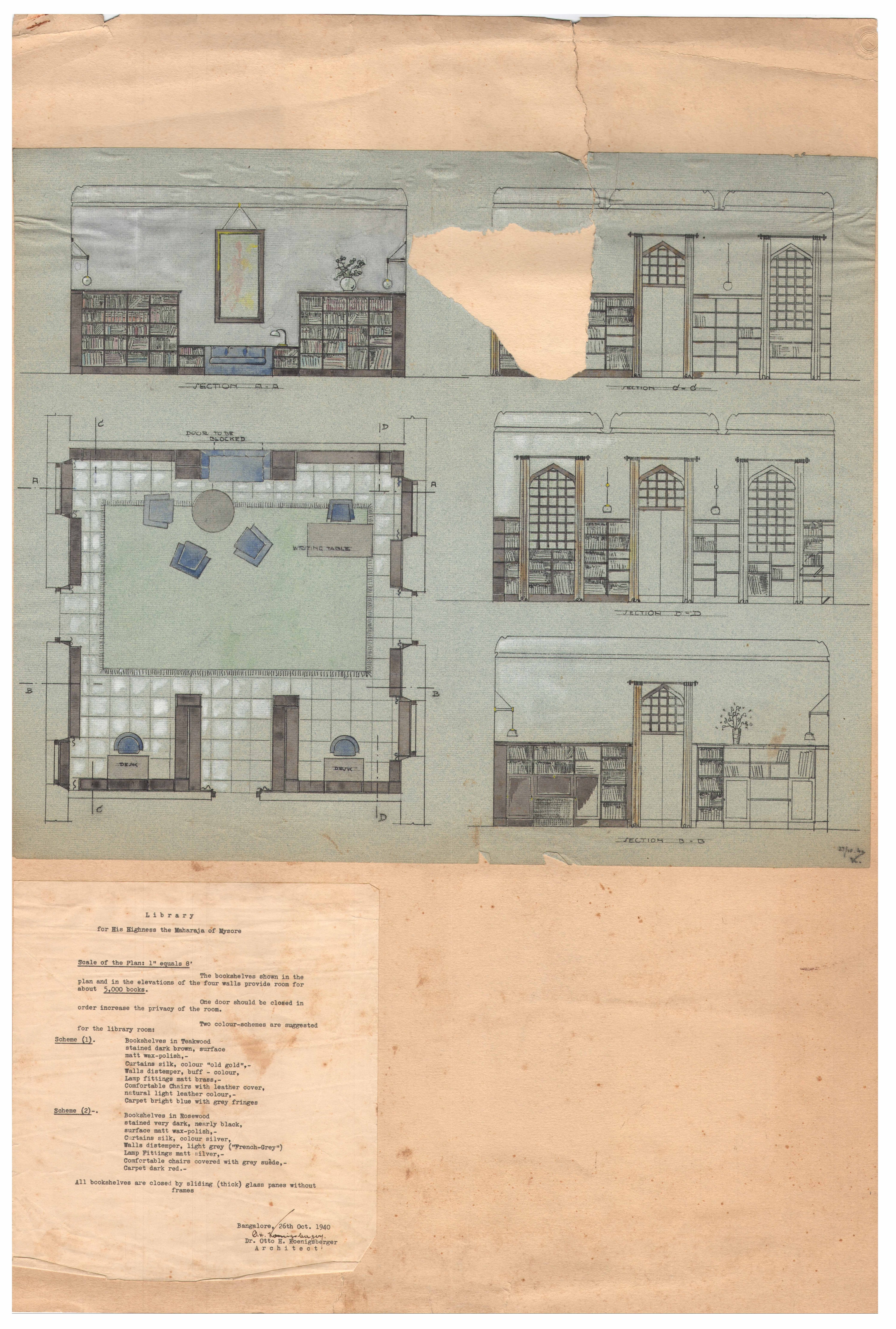 Otto Koenigsberger, design for a library room for the Maharaja of Mysore, Mysore Palace, Karnataka, India, 1940. Credit: 2012:P148