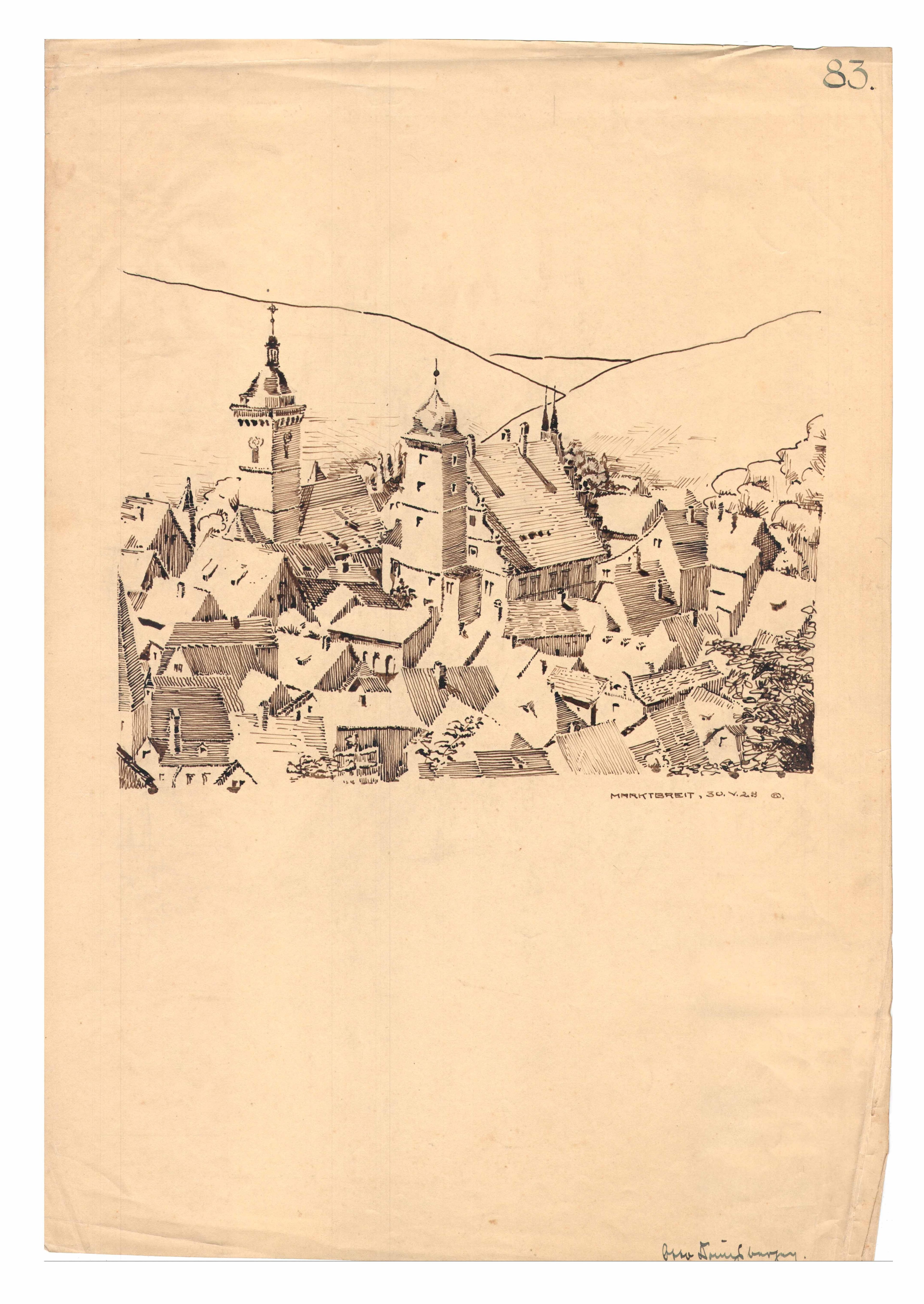 Otto Koenigsberger. Otto Koenigsberger's student drawings. Perspective sketch of Markbreit, Bavaria, 1929. Credit: AA Archives: 2012:P147