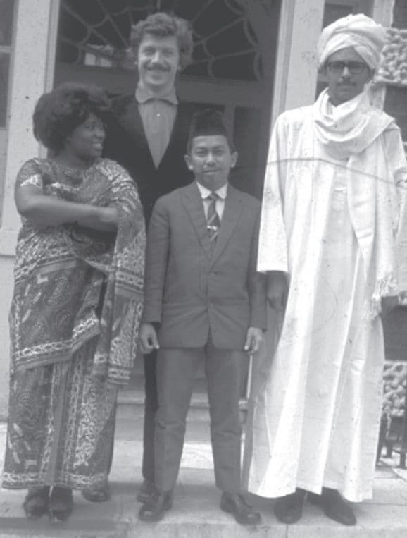 Photograph of E.V.E. Adebayo, Hartmut Schmetzer, Winant Rooskander and Tagelsir Tambal (left to right), on the steps of the Architectural Association, Bedford Square, London. AA Archives