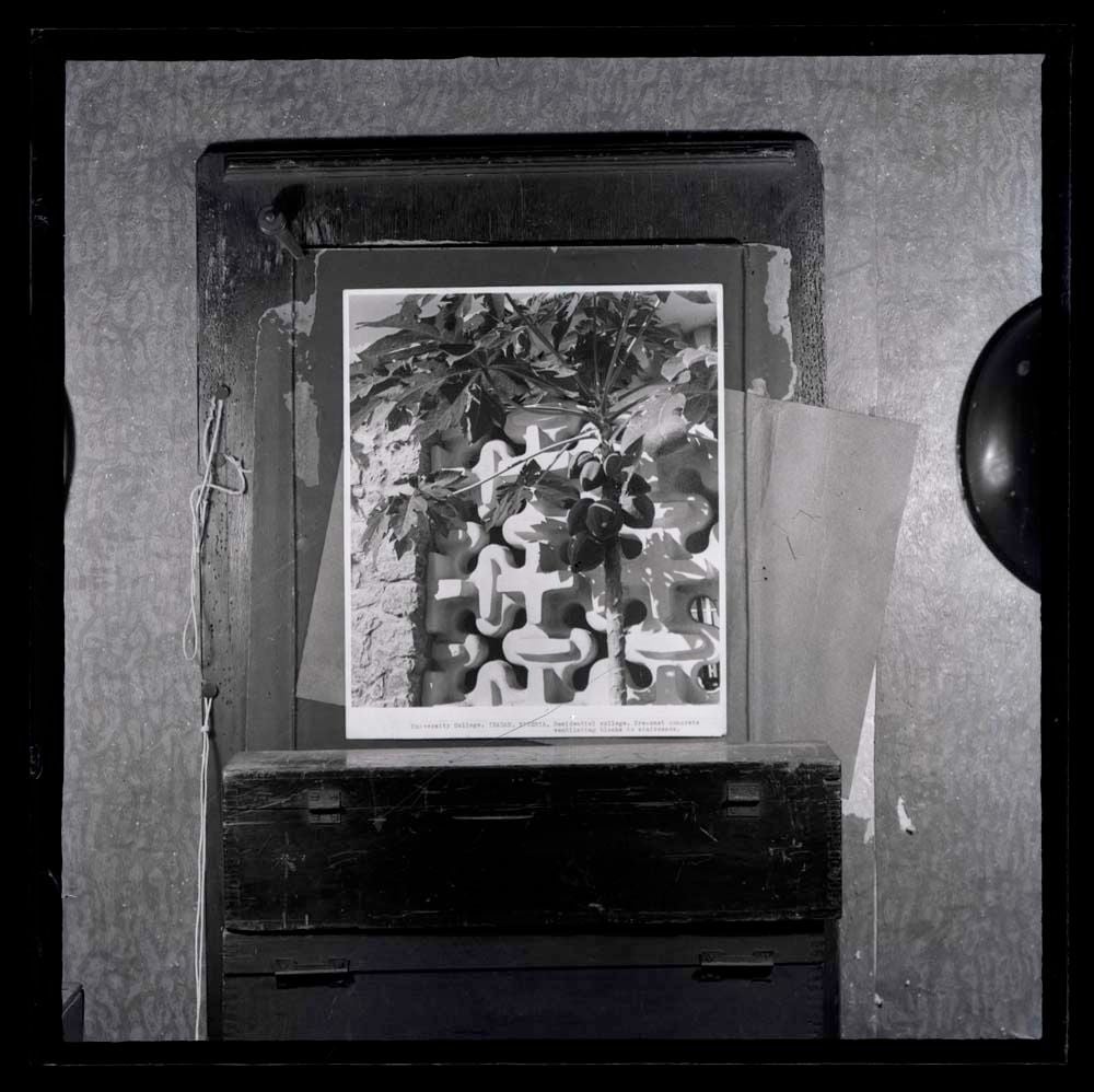 DTA Lantern Slide Library. Slide taken from an unidentified publication, showing a photograph of precast concrete pierced block walling used in staircases at Tedder Hall, residential college 2 of the University College in Ibadan, Nigeria.