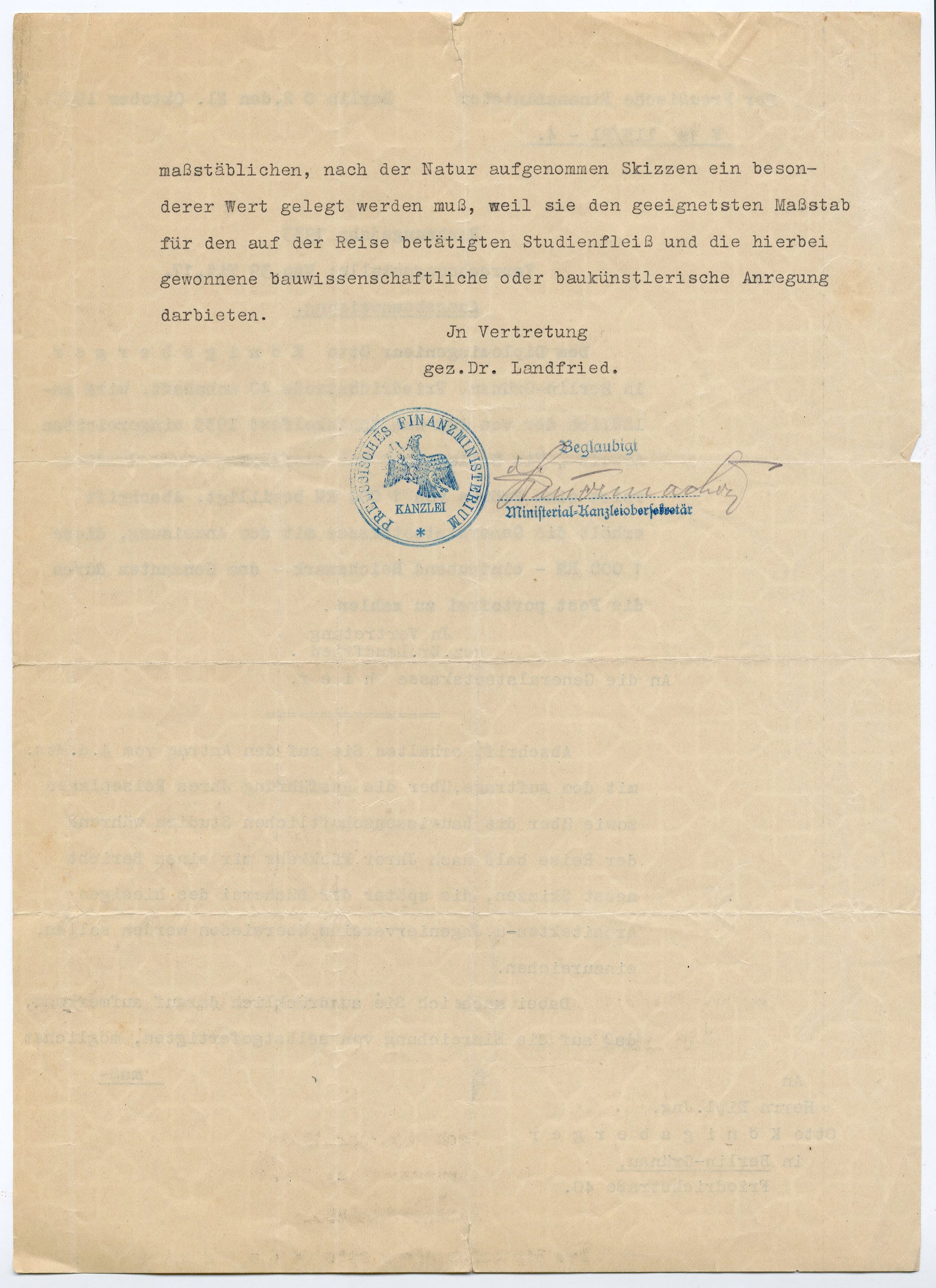 Otto Koenigsberger. Certified ministerial document from the Prussian Ministry of Finance concerning the evaluation of scale architectural sketches produced during a study trip, signed on behalf of Dr. Landfried and officially stamped by the ministerial chancellery. Credit: AA Archives: 2012: OK4